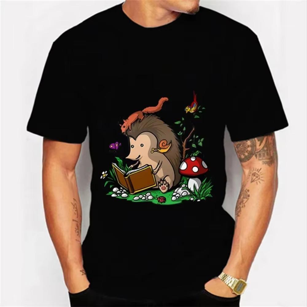 New Trendy Men T-shirt Hedgehog Reading Book Funny Men Oversized T-shirts Short Sleeve Tops Black Brand Tee Summer Fashion Shirt