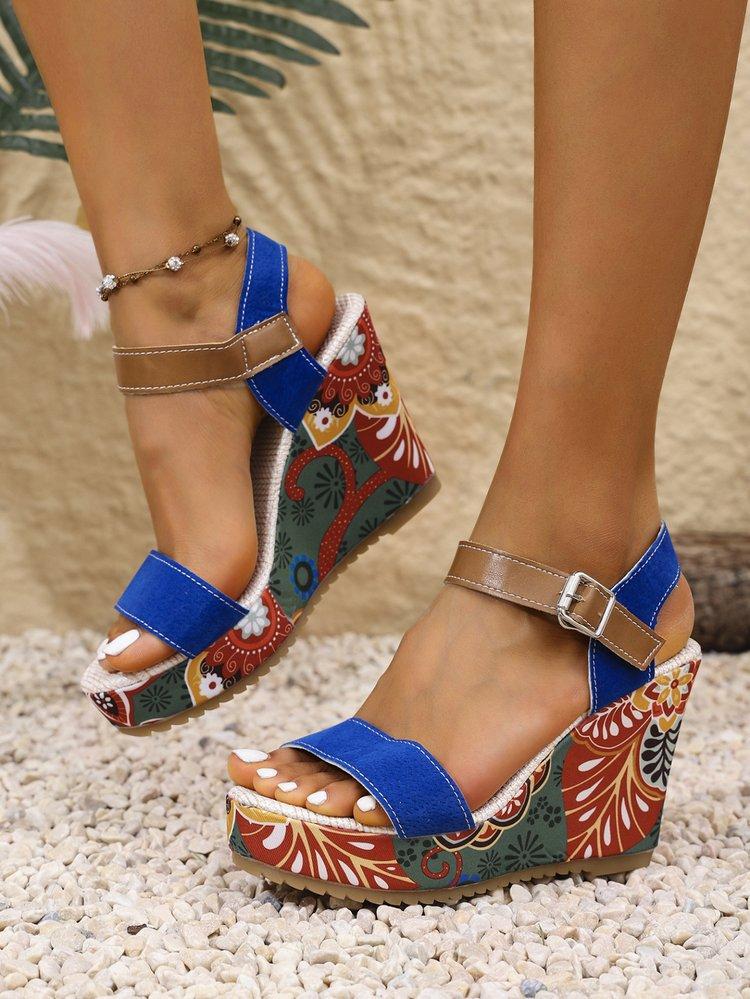 Große Größe Ethnischer Wind Schrägabsatz Fischmaul Wortgürtel Sandalen Sommer Neu Hohlschnalle Gürtel Damenschuhe