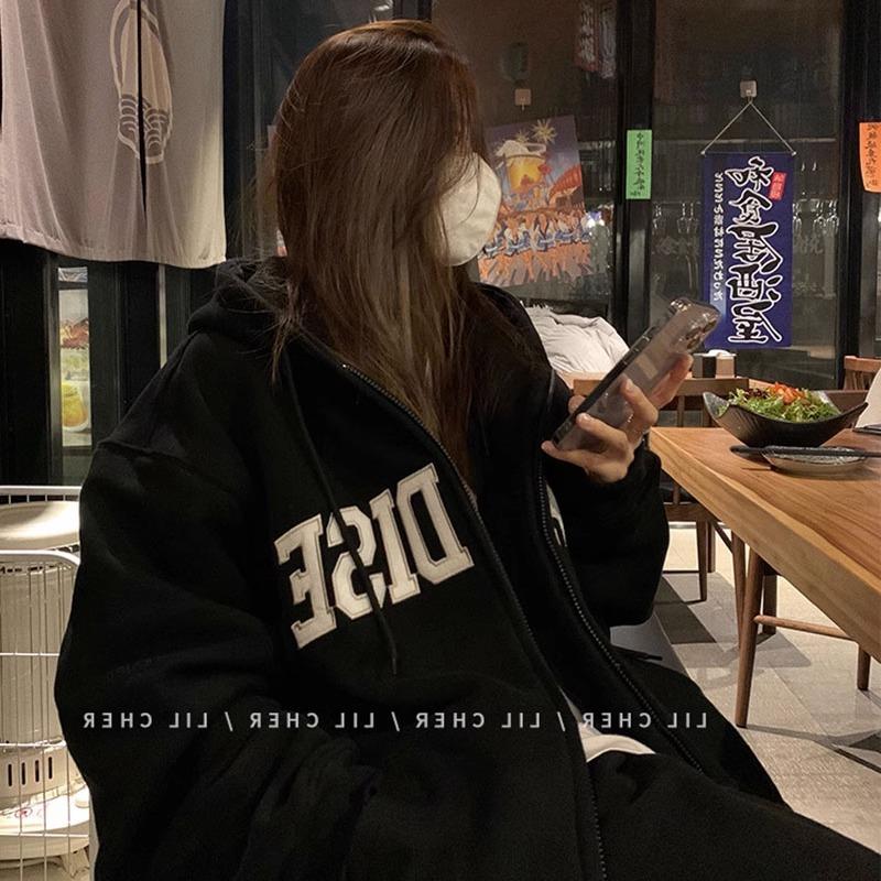 Women's Hooded Long Sleeve Zip Up Hoodie Oversized Fit Streetwear Letter Embroidery Polyester Casual Fall Sweatshirt Couple Jacket