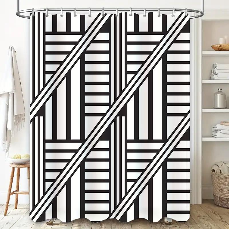 Bathroom Black White Shower Curtain With Modern Striped Print For Home Decor