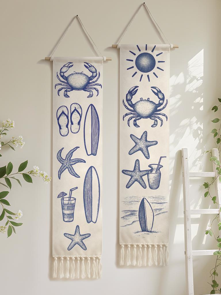 Coastal Tapestry, Beach Nautical Style Wall Hanging with Crab, Starfish, Surfboard Prints, Boho Home Decor, Room Aesthetic Gifts