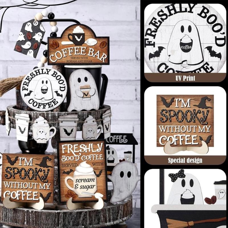 19PCS Halloween Coffee Specters Decors Wooden Sign Beads Tiered Tray Accent Farmhouses Style Home Party Tabletop Display
