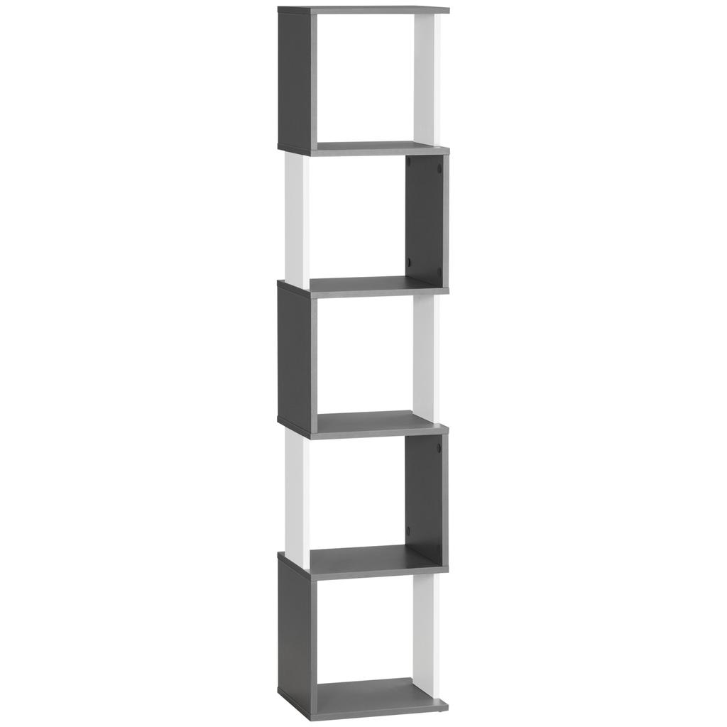 Modernes, platzsparendes Bücherregal mit 5 Regalböden aus Holz, 33x28x161cm, Grau und Weiß