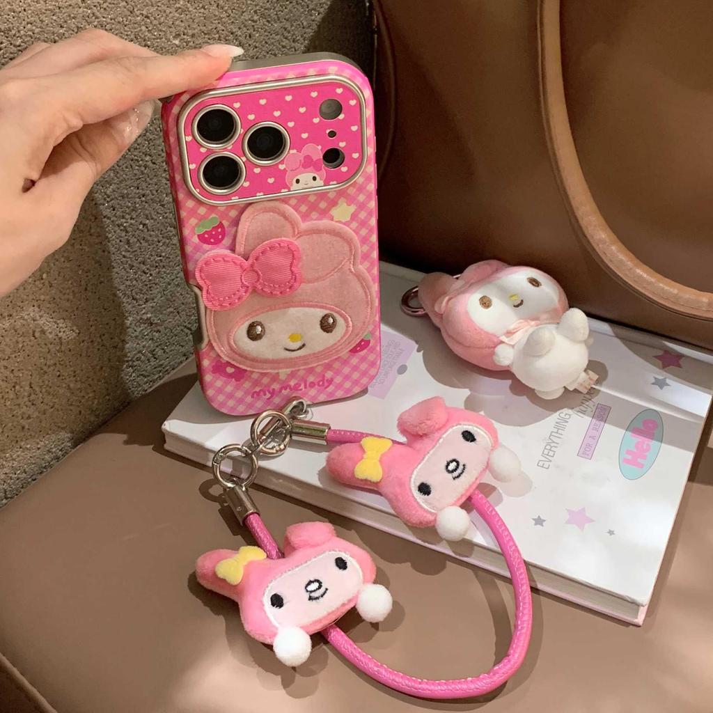 Sweet Girl Pink Plaid Cartoon Hand Strap Phone Case for iPhone 17/16 Pro Max/15/14