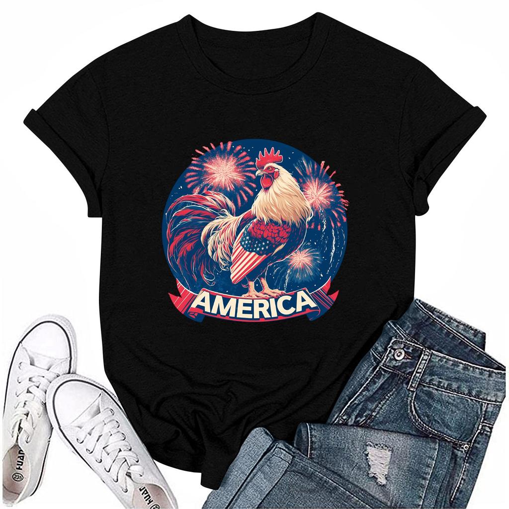 Women's Round Neck Casual Independence Day Printed Short Sleeve T-Shirt Top