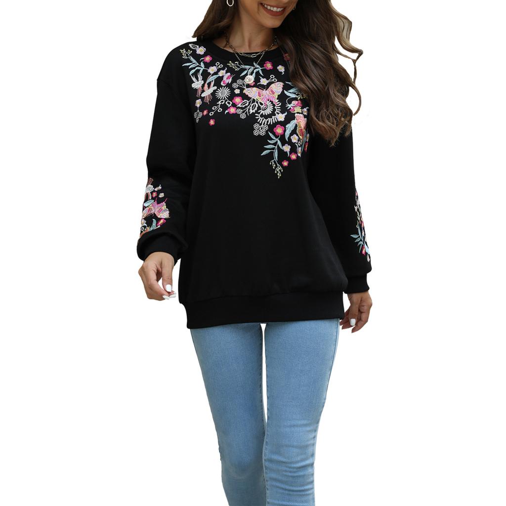 Yousheng Women Sweatshirt Ethnic Style Floral Embroidery Round Neck Long Sleeve Top Contrast Color Spring Fall Top with Elastic Cuffs And Hem