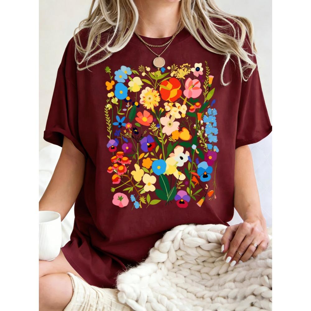 Bohemian Colorful Flowers Design Women T-Shirt Casual Y2K Short Sleeves All-Match Cotton T Shirt Oversized Summer