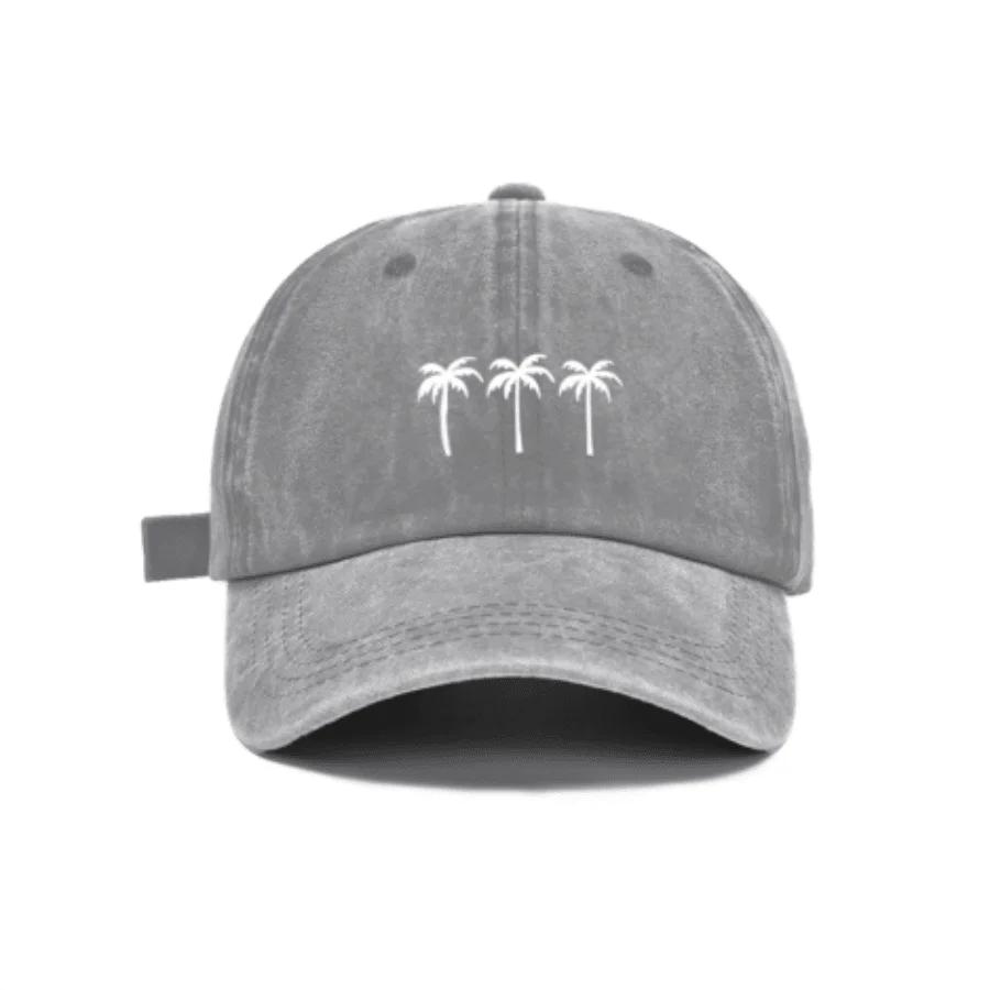 Water Washed Distressed Adjustable Dad Hat With Embroidered Palm Trees Casual Unisex Cotton Cap