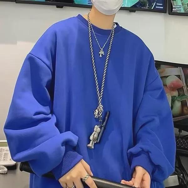 2024 Men’s Hong Kong-Style Solid Color Sweatshirt – Spring/Autumn, Loose Fit, Large Size, Round Neck, Trendy Korean Couple's Top