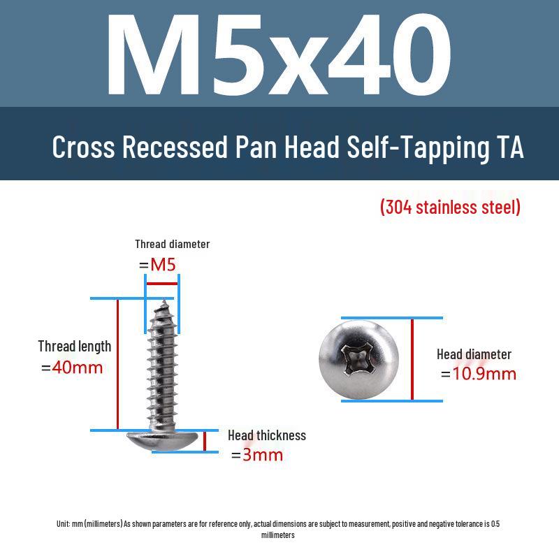 304 Stainless Steel Large Flat Head Self-Tapping Screws, TA Umbrella Head, Pointed Tail, M2-