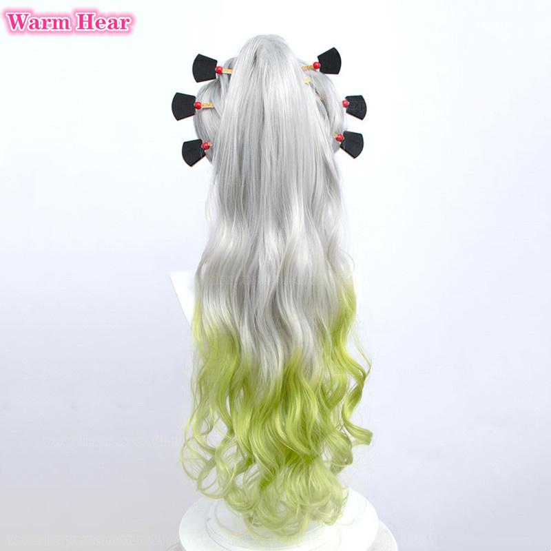 90cm Long Daki Synthetic Anime Silver Gradiented Green Curly With Headwear Heat Resistant Hair Halloween Party Role Play Wigs
