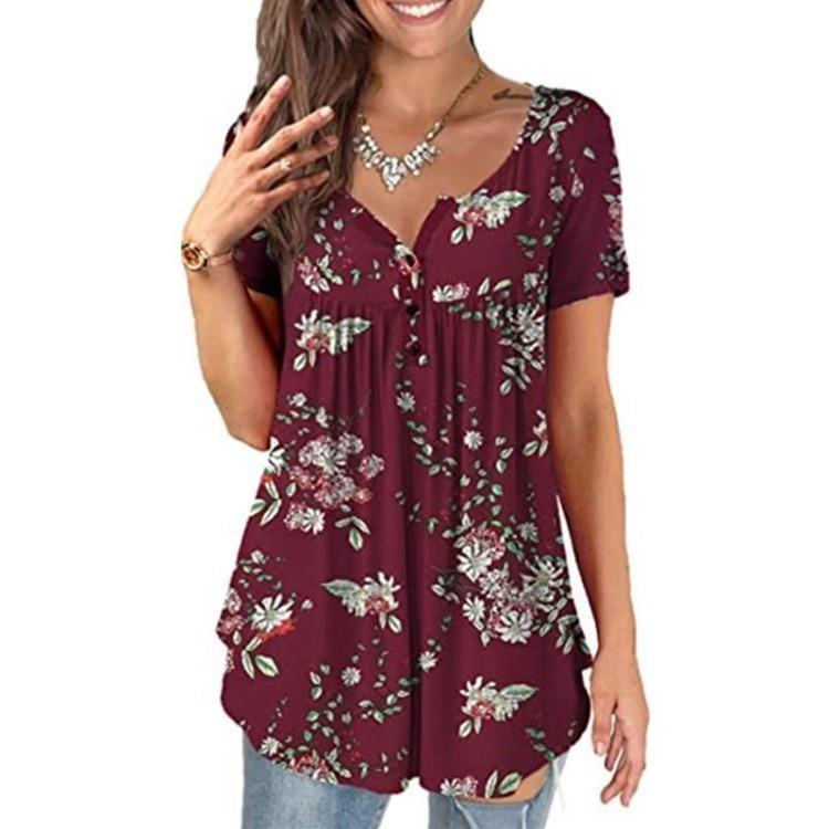 Women Summer Casual Floral Print Short Sleeve Henry Shirt