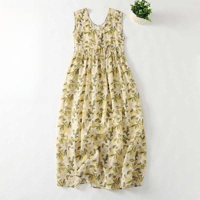 Spring and Summer Cotton and Linen Printed Dress