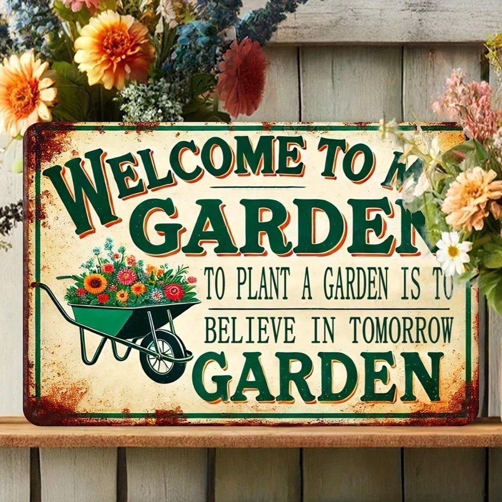 Vintage Metal Welcome To My Garden Sign 2D Flat Wall Art Rustic Farmhouse Decor Tinplate Outdoor Indoor Home Decoration