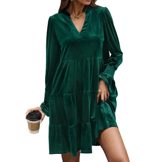 Spring Fall Women Dress Golden Velvet V Neck Pleated Patchwork Long Sleeves A-line Solid Color Knee Length Dating Shopping Midi Dress