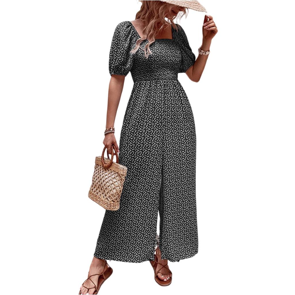 Women's Square Neck Puff Sleeve Wide Leg Printed Jumpsuit