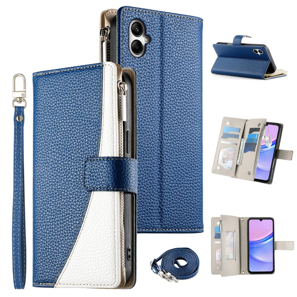 For Samsung Galaxy A05 4G Case Zipper Wallet Color Splicing Leather Flip Phone Cover with Straps