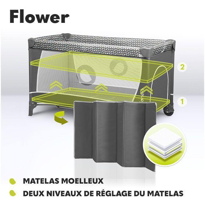 Lit parapluie compact 3en1 LIONELO Flower - Parc bébé - 0-36 mois - Sac de Transport - Pliage Rapide - Roulettes - Gris foncé