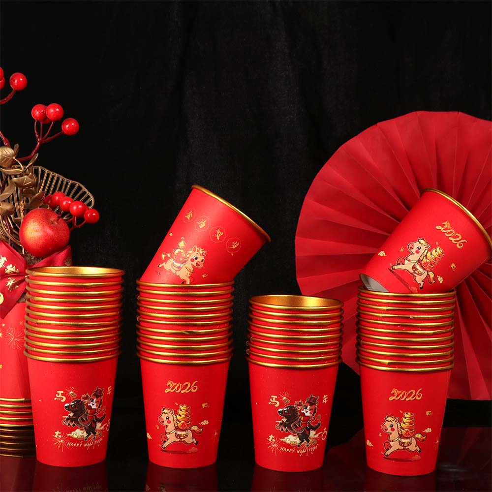 50pcs Gold Foil Spring Festival Paper Cup Horse Pattern Drinking Tea Cup Water Cup  Birthday