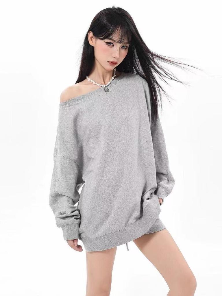 Women's Oversized One-Shoulder American Street Style Hoodie for Spring/Autumn