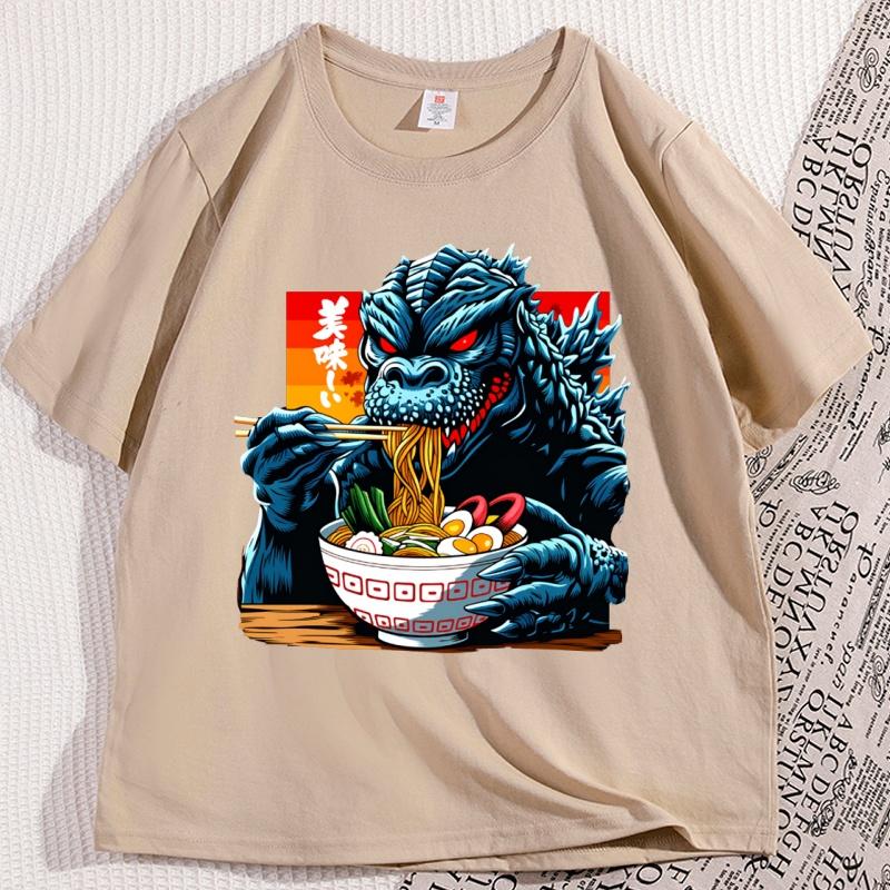 Funny Kaiju Eating Ramen Tshirt Japanese Monster Noodle Design T Shirt Anime Food Printed Tshirt Men Women Short Sleeve Tees