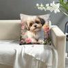 1Pc Shih Tzu Dog In Flowers Cute Printed Throw Pillow Cover,Suitable For Sofa, Bedroom, Living Room,Healing Gift For Dog Lovers.