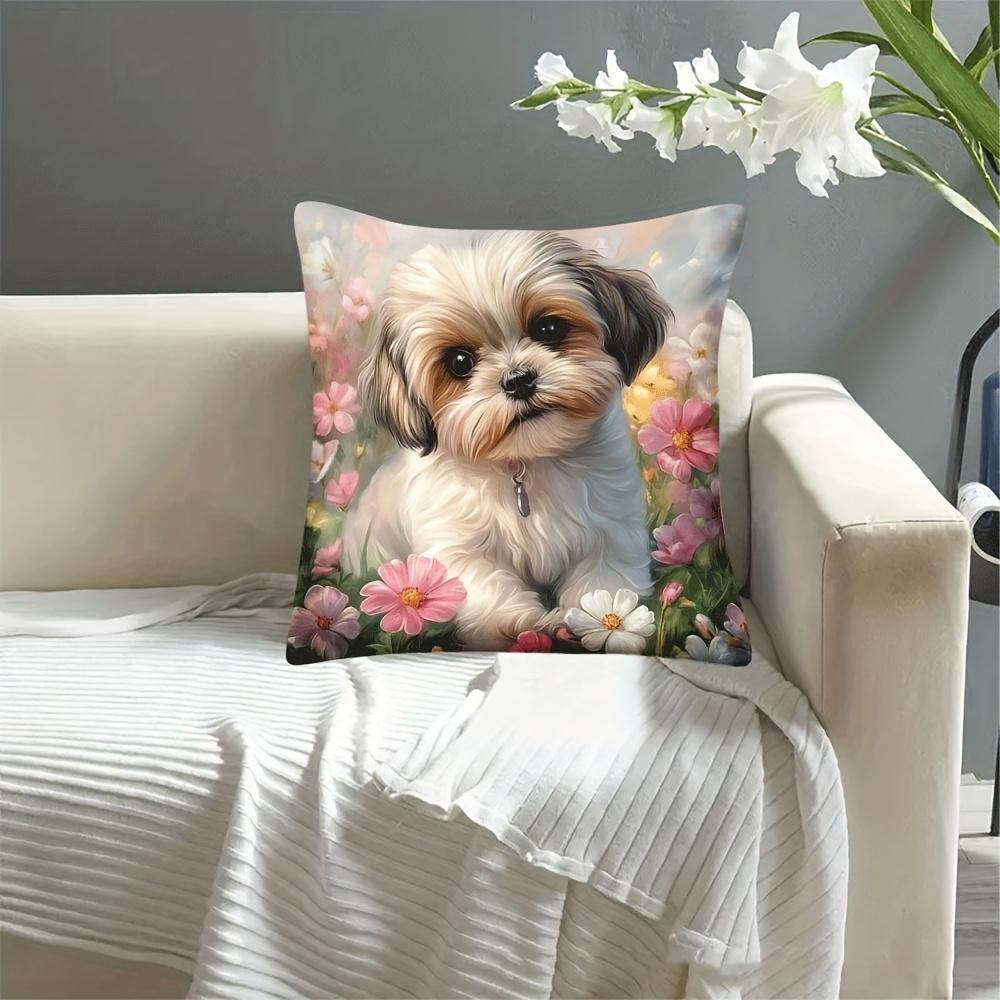 1Pc Shih Tzu Dog In Flowers Cute Printed Throw Pillow Cover,Suitable For Sofa, Bedroom, Living Room,Healing Gift For Dog Lovers.