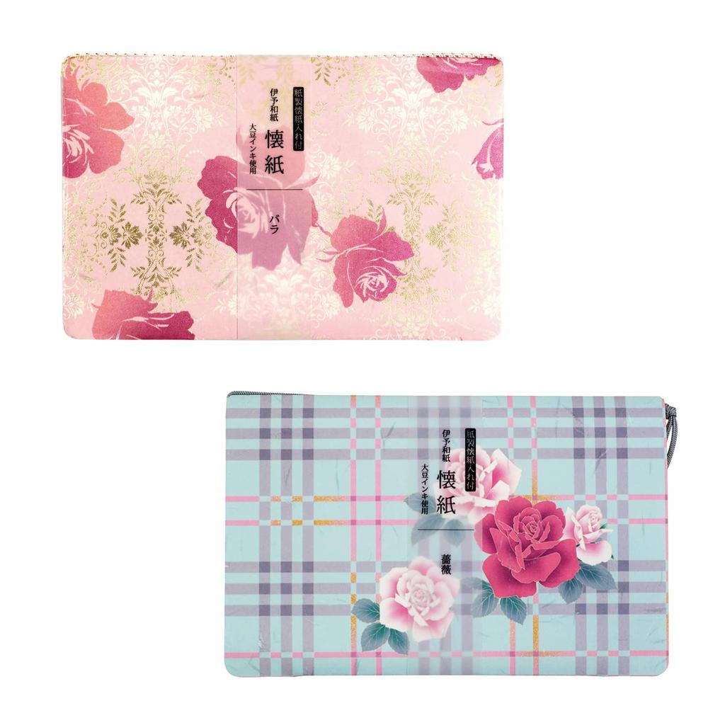 Kamiiso Kimono Beauty Iyo Washi Paper with Case, Set of 2, Rose Design, 17.5 X 14.5cm, Kaishi Set 35