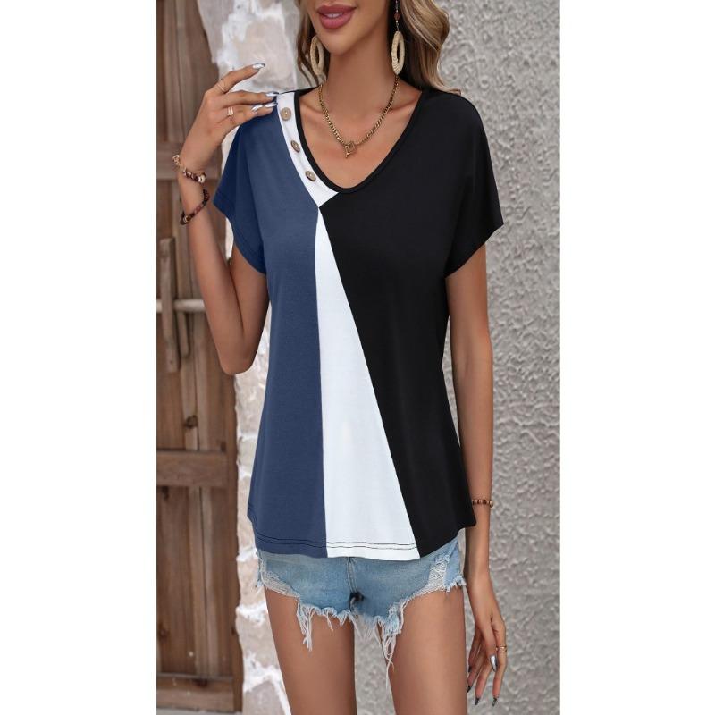 Women Color Block Print Loose Short Sleeve Casual Button T Shirt