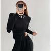 Elastic Tight Sexy Lapel Long Sleeve T-shirt Women Hottie Turndown Collar Slim Undershirt Inside Velveteen Sports Shirt Casual
