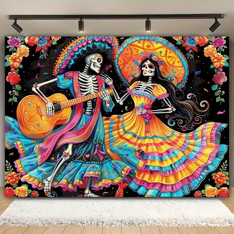 One piece Mexican Day of the Dead themed background cloth Mexican carnival skeleton couple and flower cartoon ghost