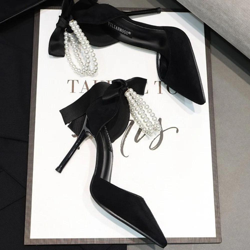 Tacones Altos para Mujer Cómodos de Gama Alta Nuevos Negros Puntiagudos de Tacón Fino Moda para Mujer Sandalias con Correa y Hebilla de Lazo Zapatos Individuales