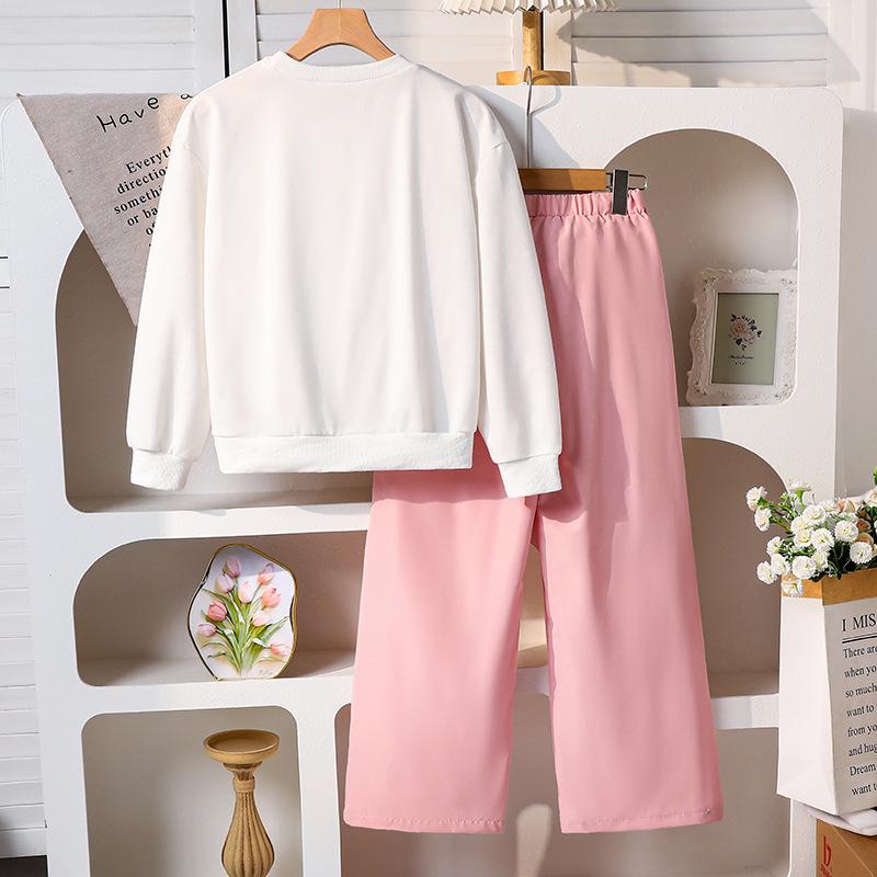 Girls' Fashion Set Autumn Children's Sweet Bow Pink Work Pants Letter Long-sleeved Sweatshirt