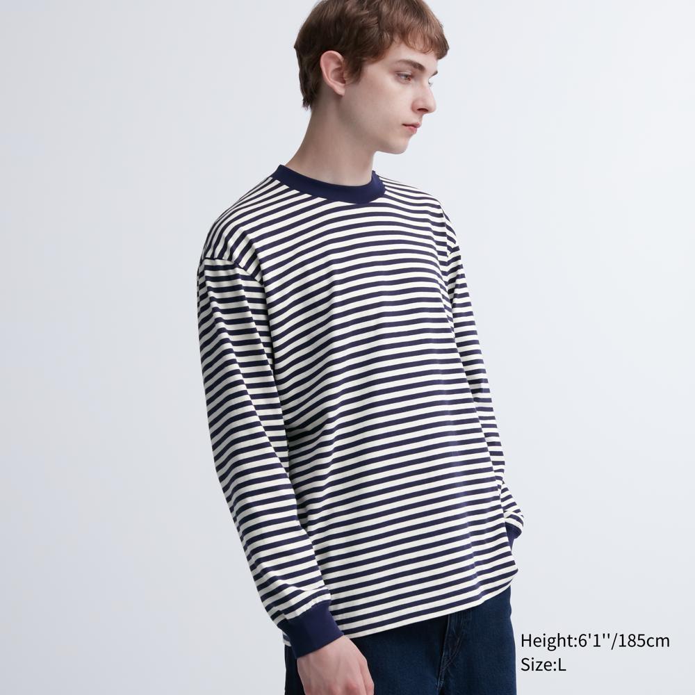 

Футболка UNIQLO с круглым вырезом из хлопка в полоску (Длинный рукав)