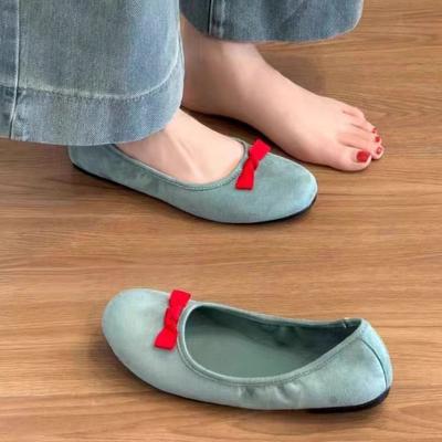 Fashion Soft Leather Red Bowtie Flats Women Foldable Ballerina Shoes Round Toe Bowknot Slip On Loafers Women Cozy Bottom Moccasins 2025