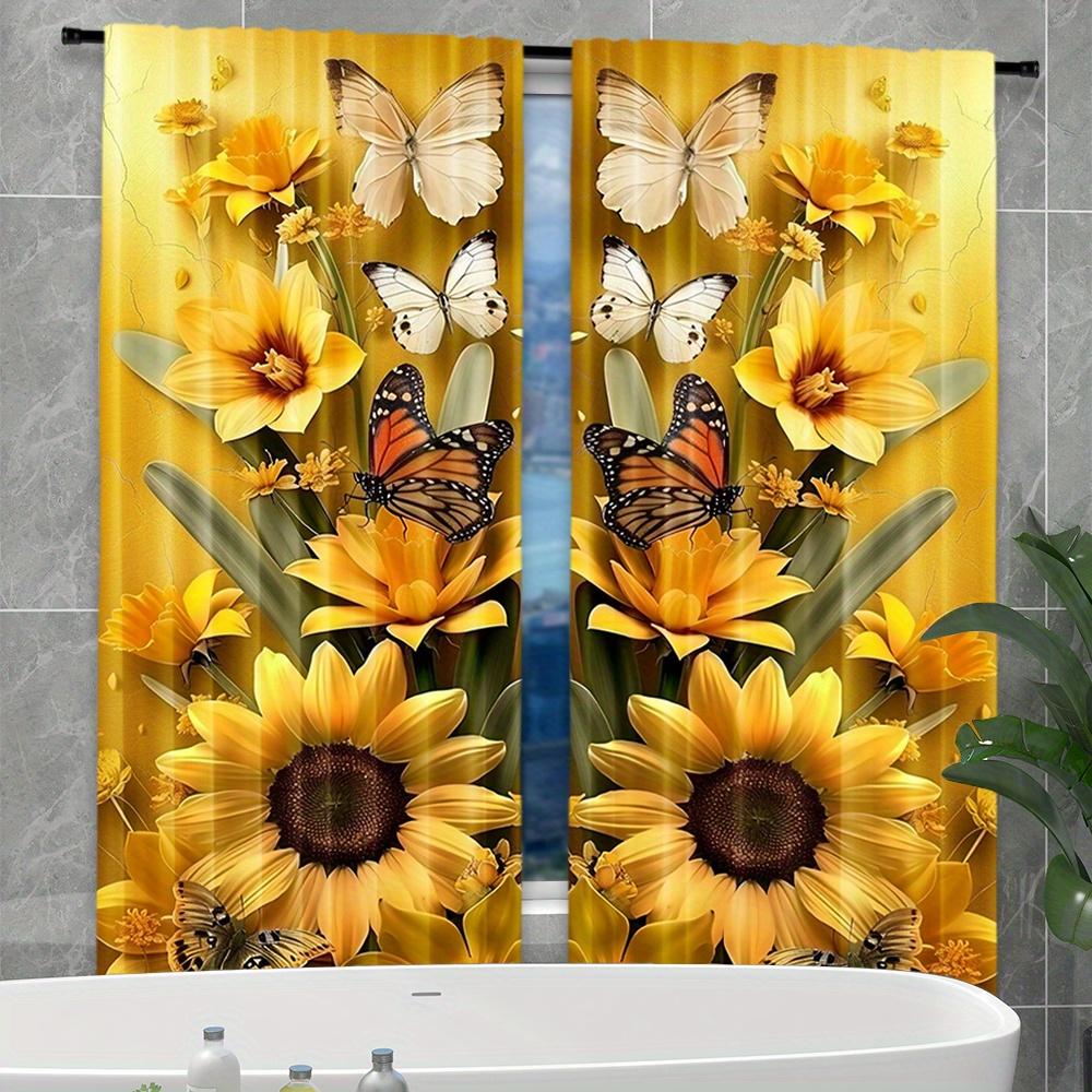 2pcs Semi-Transparent Yellow Sunflower Print Curtains Rod Pocket Design for Bedroom Office Kitchen & Living Room Window Decor