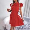 Elegantes Damen-Sommerkleid in Unifarbe mit Hoher Taille, Plissee-Detail und Großem Schleifenkragen, Schnürung, Mode, Frühling