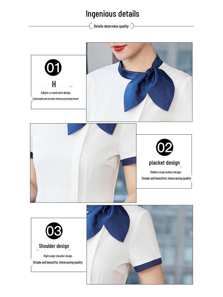 Women's Bow Tie Chiffon Blouse - Short Sleeve, Korean Fashion, Stretch, Professional Workwear, White Shirt