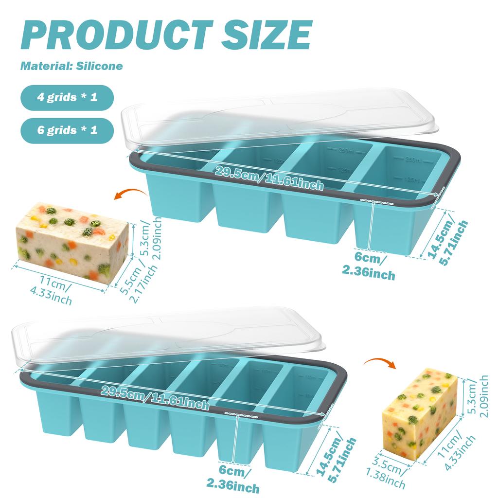3/2Pcs 2/4/6Grid Silicone Freezer Mold with Lid Refrigerated Food Storage Box Food Box Ice Tray Mold Ice Box Fresh-keeping Box