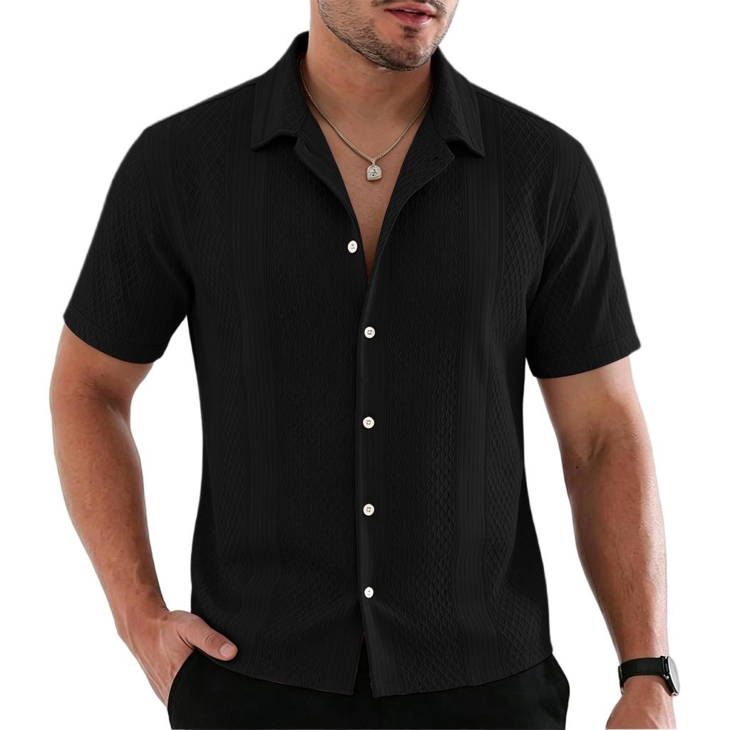 Men's Solid Knit Short Sleeve Shirt French Collar Breathable Hollow Out Button Down Casual Summer Top