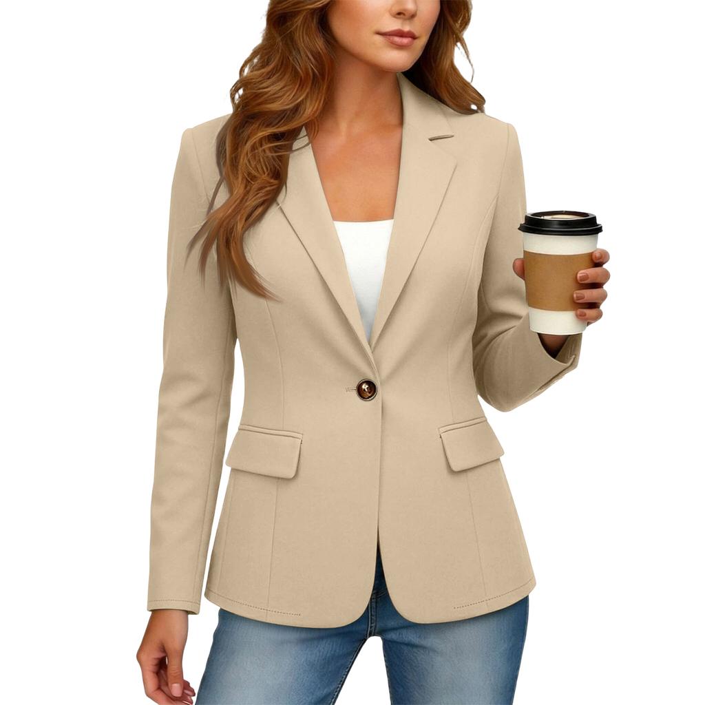 Women's Business Casual Loose Fit Solid Color Lapel Collar Front Button Long Sleeve Blazer Jacket Suitable for Office and Daily Wear