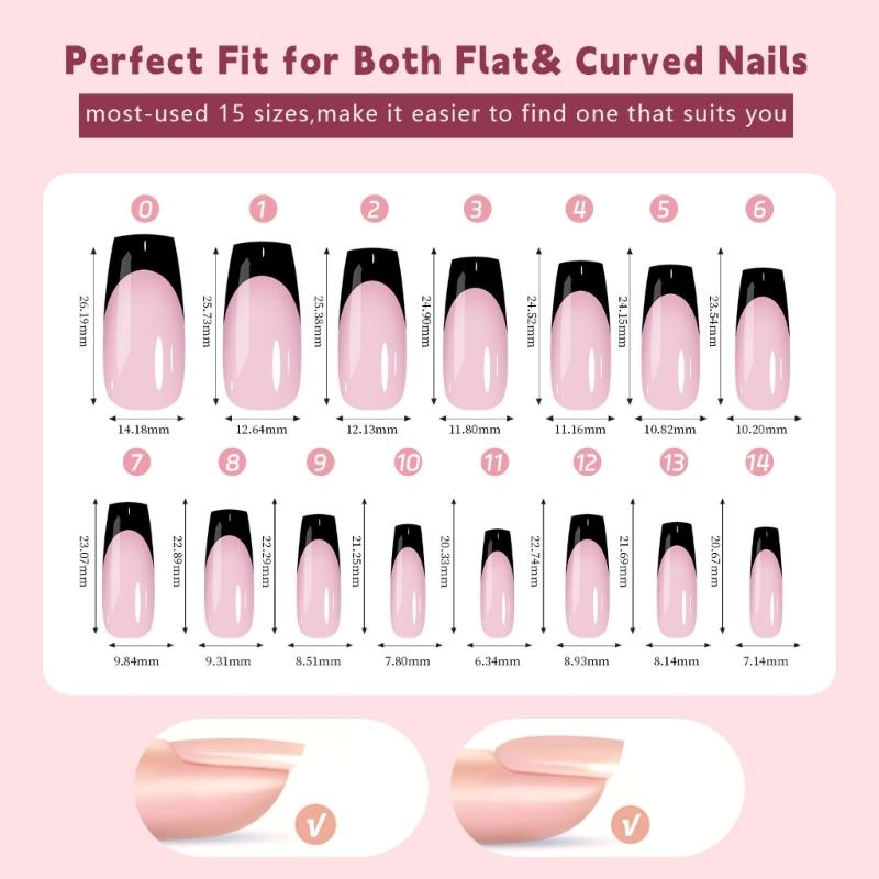 150Pcs Black French Tip Gel Nail Tips Short Coffin Shape Press on Nails Short for Women False Nails 15 Sizes
