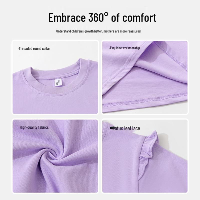 2025 Summer Korean Style Girls' Cotton Ruffle T-Shirt - Round Neck, Short Sleeve, Solid Color, Cute Undershirt.