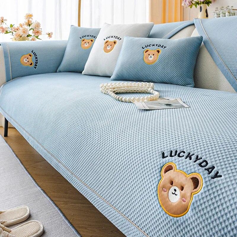 Pure Color Simplicity Ice Silk Sofa Cover Cartoon Embroidery Couch Mat Summer Cool Non-slip Sofa Cushion Soft Sofa Cushion Towel