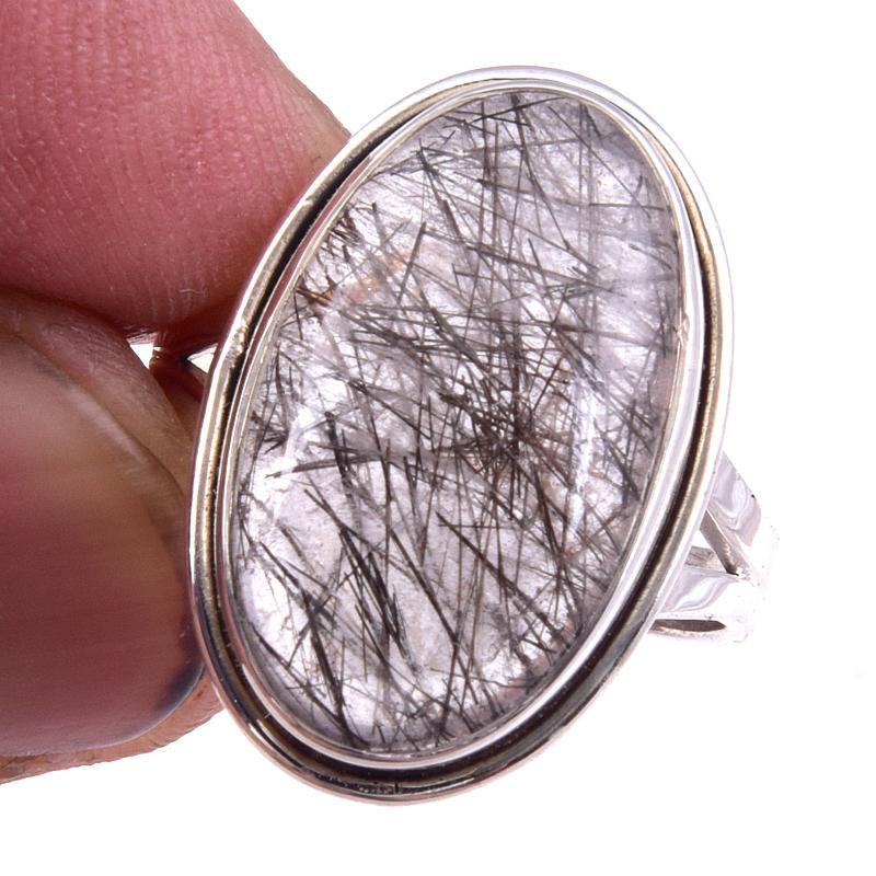 

Natural Black Rutile Gemstone Handmade 925 Solid Sterling Silver Ring S.8.5 j5S64
