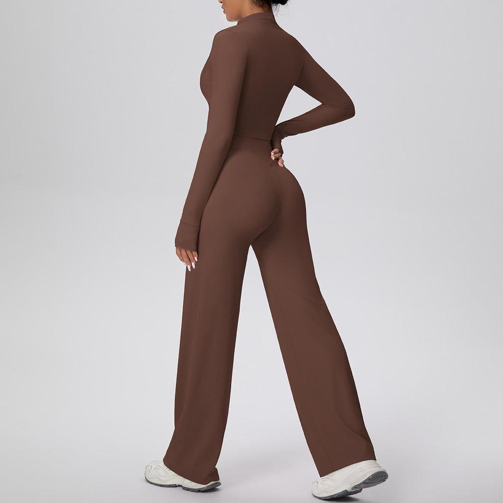 New Cross-border Solid Color Zip Jacket & Wide Leg Yoga Suit - Two-piece Fitness Set