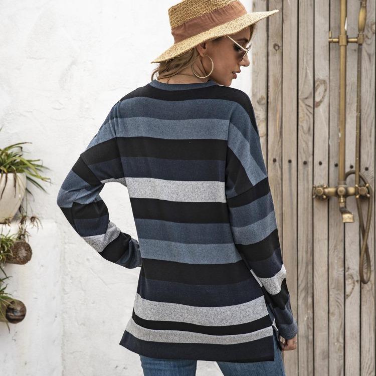 Oversize Women Loose Stripe Sweatshirt Sweater Round Neck Tshirt
