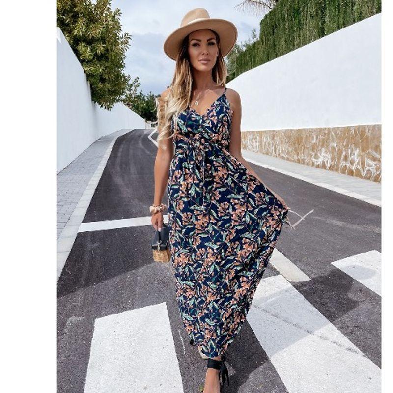 

Bohemia European and American Summer V Neck Waist Leaf Floral Sexy Open Back Sleeveless Sling Dress Beach Dress Blue Flower S