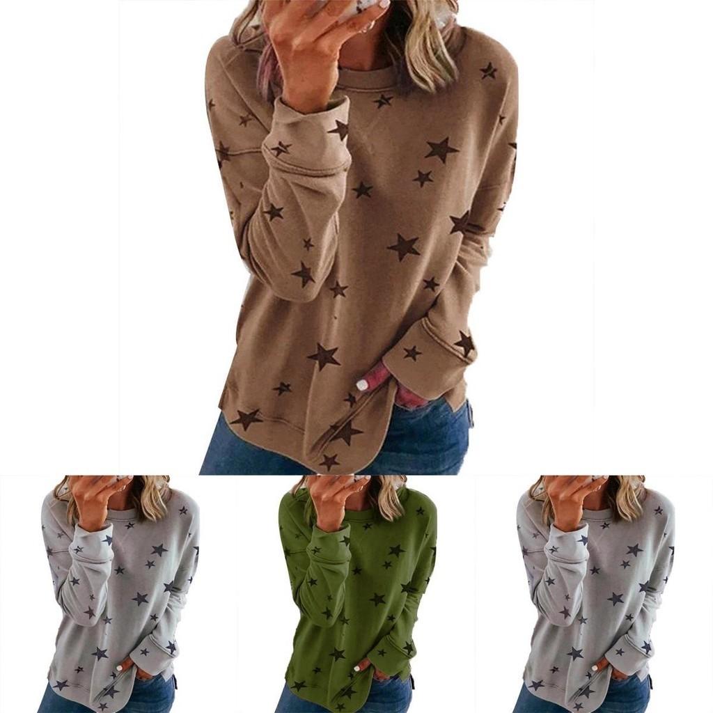 Women Casual Tunic Crew Neck Long Sleeve Star Print Tee Top Blouse For Daily Comfort And Style