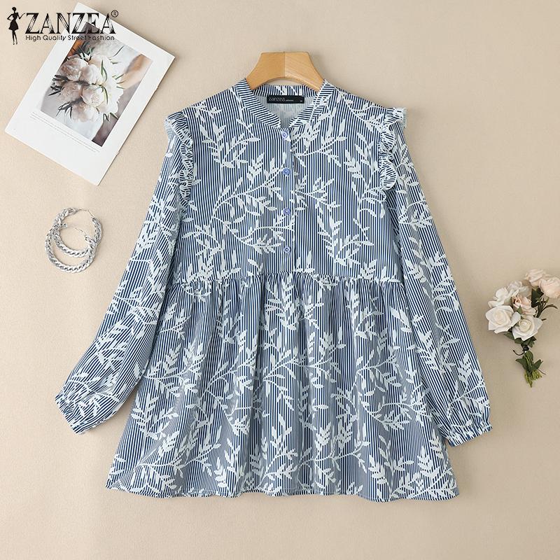 ZANZEA Women Casual Round Neck Loose Long Sleeve Print Blouse